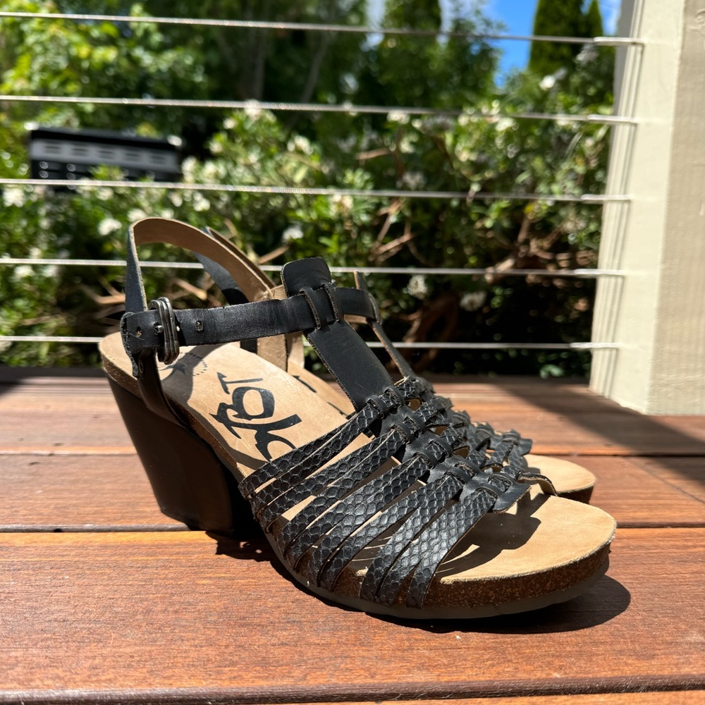 OTBT black snakeskin heeled sandals